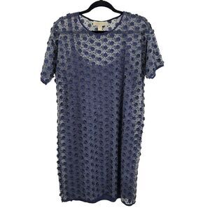 Michael Kors Dress M Blue 3D Sheer Lace Overlay Slip Dress Short Sleeve Knee